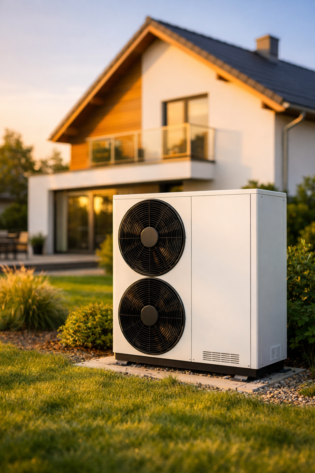 Moderne Wärmepumpe vor einem Einfamilienhaus bei Sonnenuntergang
